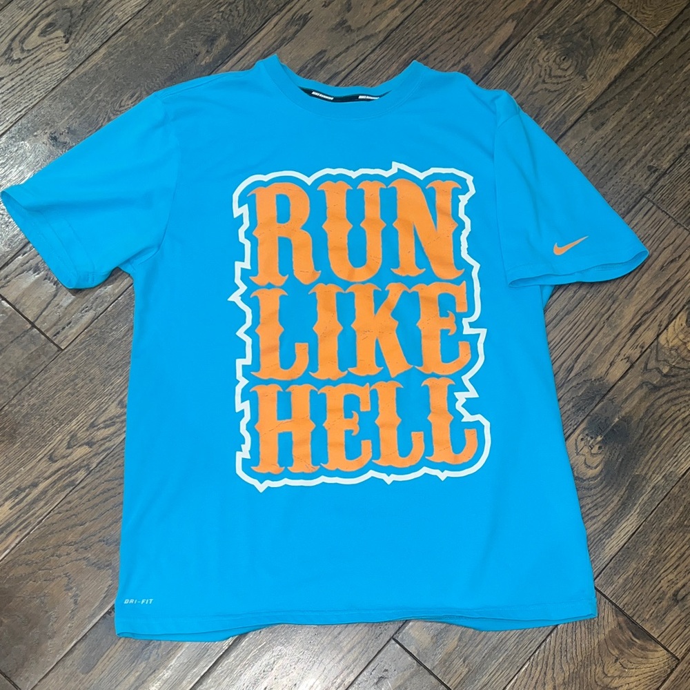 Nike Men’s‎ Dri Fit Running Bright Blue T-Shirt with Orange Graphic